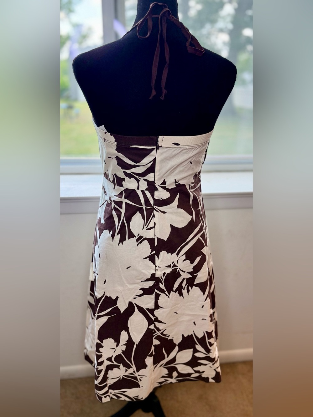 Y2K vintage summer halter sundress empire waist brown white tropical zip med - Picture 8 of 11